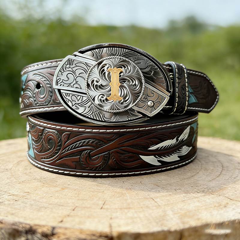 T- Letter Buckle Feather Genuine Leather Belts