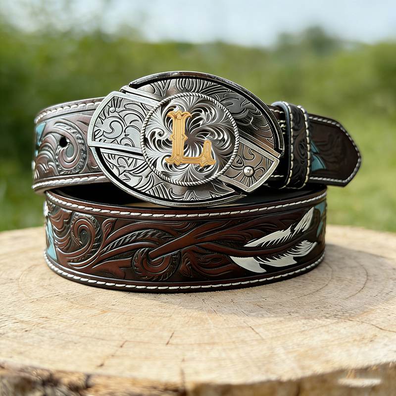T- Letter Buckle Feather Genuine Leather Belts