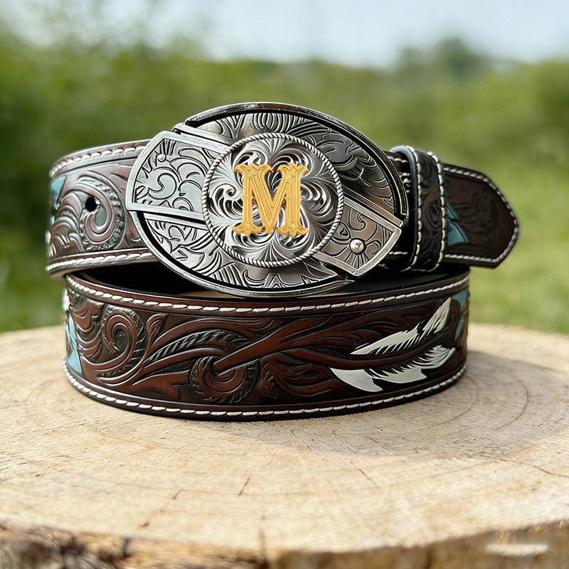 T- Letter Buckle Feather Genuine Leather Belts