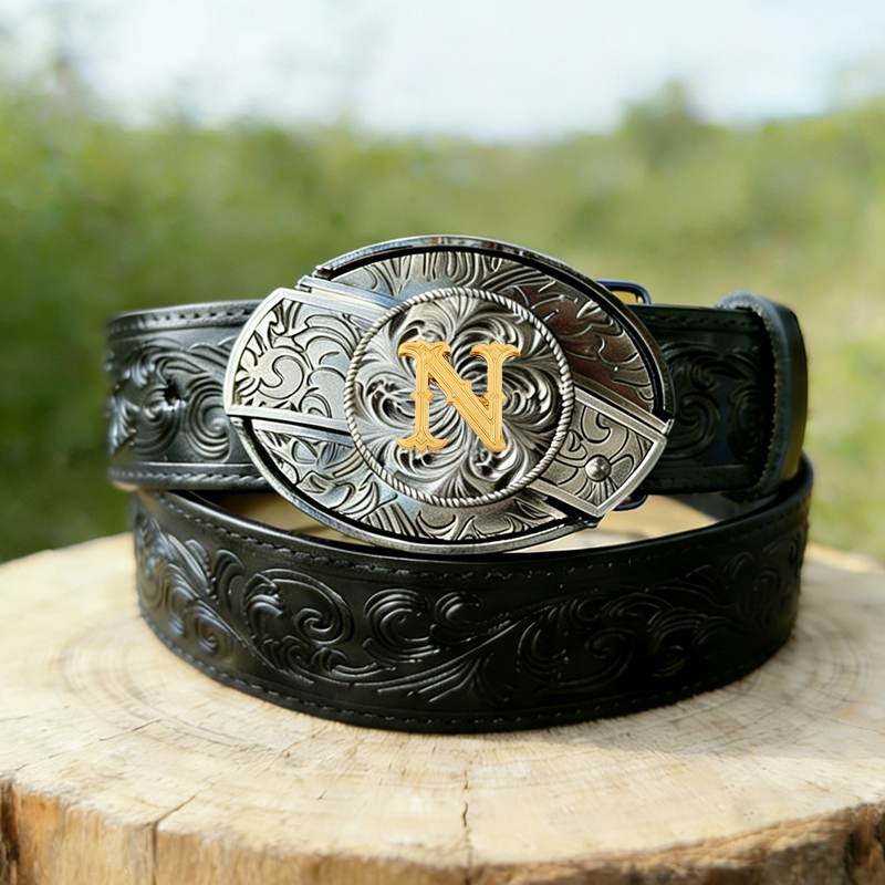 T- Letter Buckle Black Genuine Leather Belts