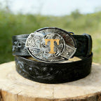 T- Letter Buckle Black Genuine Leather Belts
