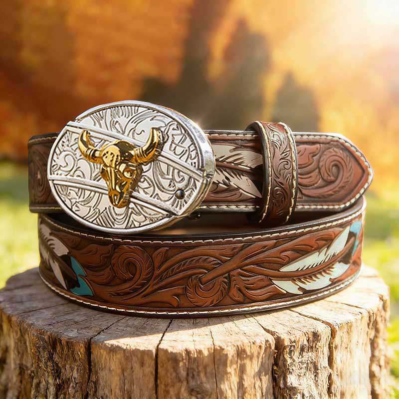 T-Brown Leather Belt with Two-tone Strap Holder Buckle