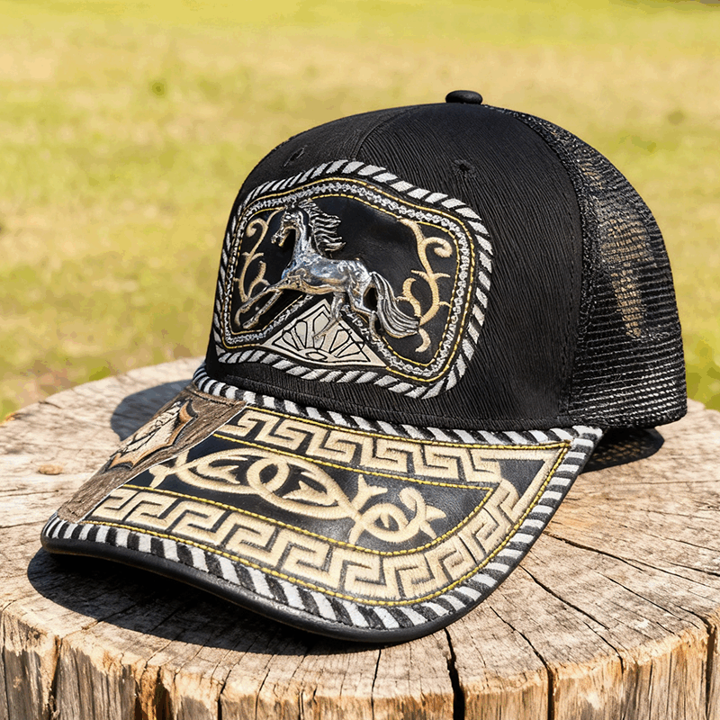 M- Black embroidered faux horsehair Trucker Hat