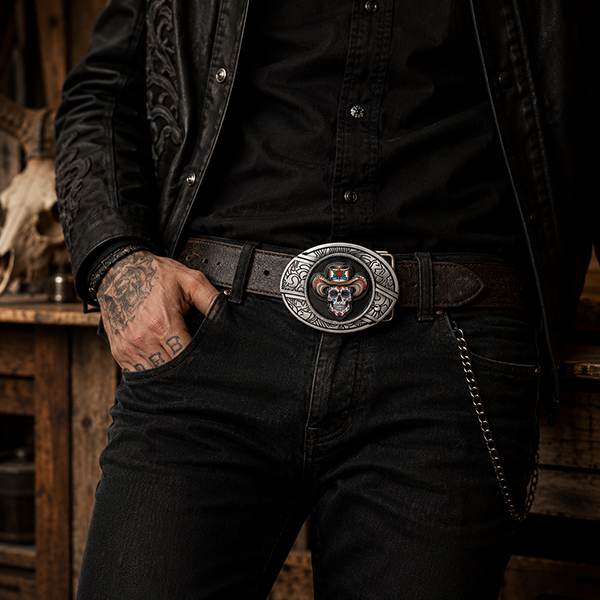 Model wearing sugar skull western belt buckle with black jeans and leather belt