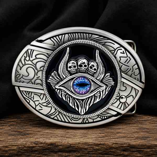 Boucle de ceinture western gothique à œil mystique, détails de crâne et cadre en argent gravé