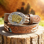 T-Brown Leather Belt with Two-tone Strap Holder Buckle