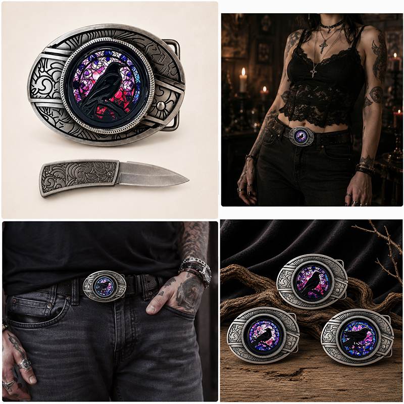 Western dog breed belt buckle with detachable mini knife and engraved antique silver frame
