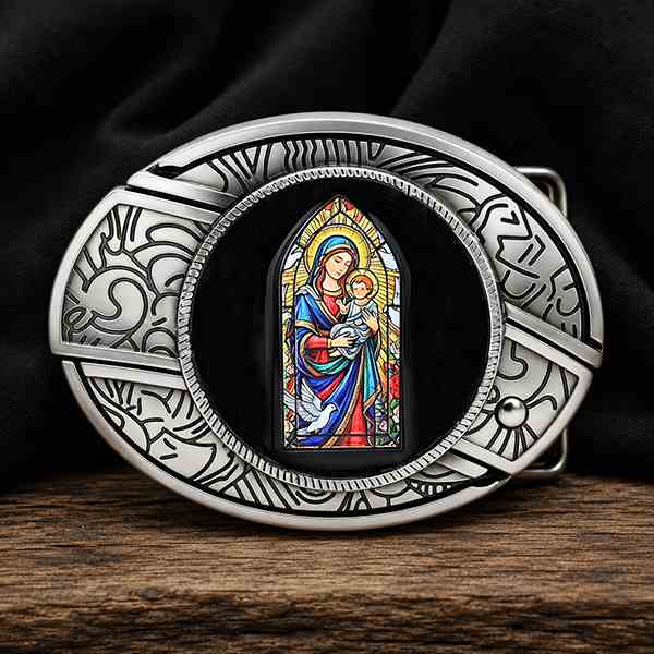 Religious stained glass western belt buckle with vintage silver cowboy frame