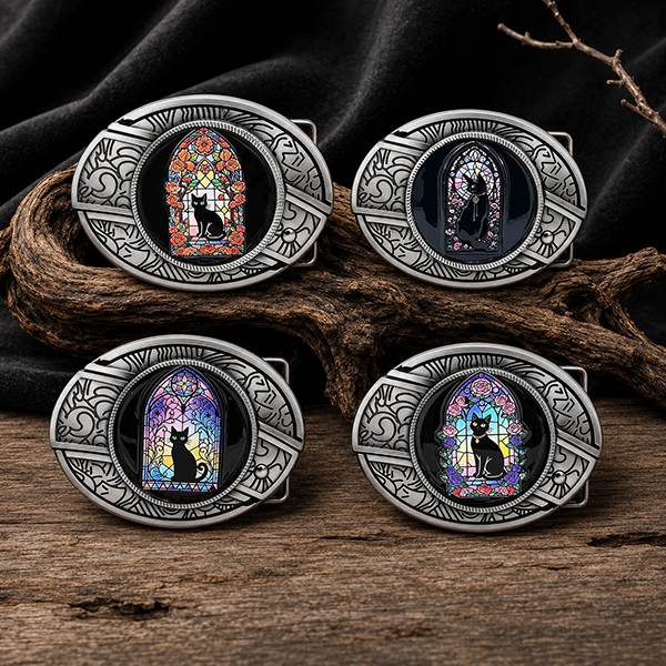 Série de boucles de ceinture western représentant un chat noir en vitrail avec cadre gravé en argent vintage