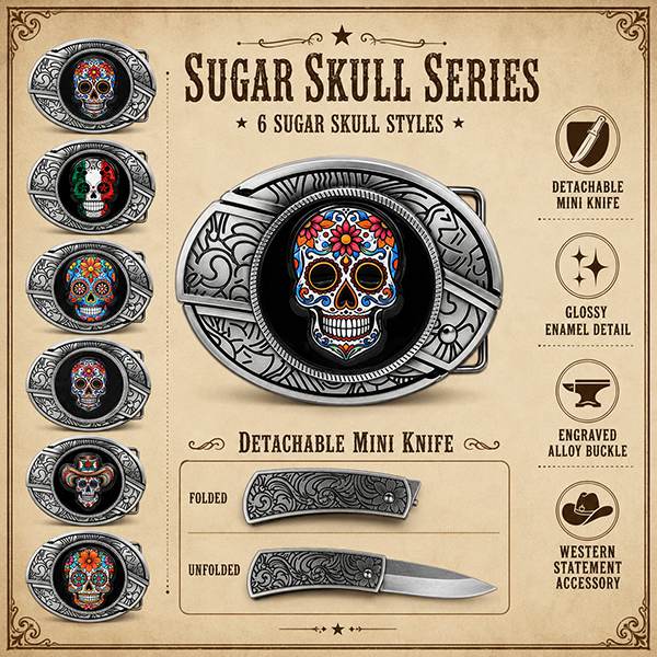 Sugar skull cowboy belt buckle collection with six colorful enamel designs