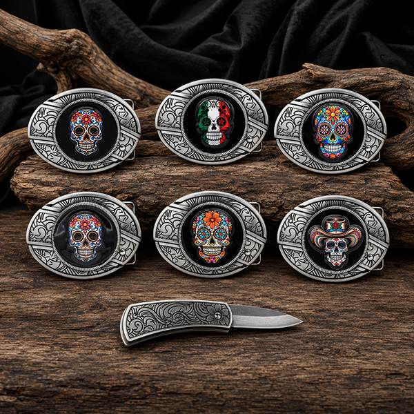 Sugar skull western belt buckle series with detachable mini knife and vintage silver engraving