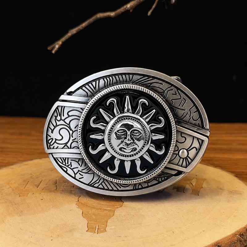 Sun face gothic western belt buckle with vintage silver engraving and black enamel