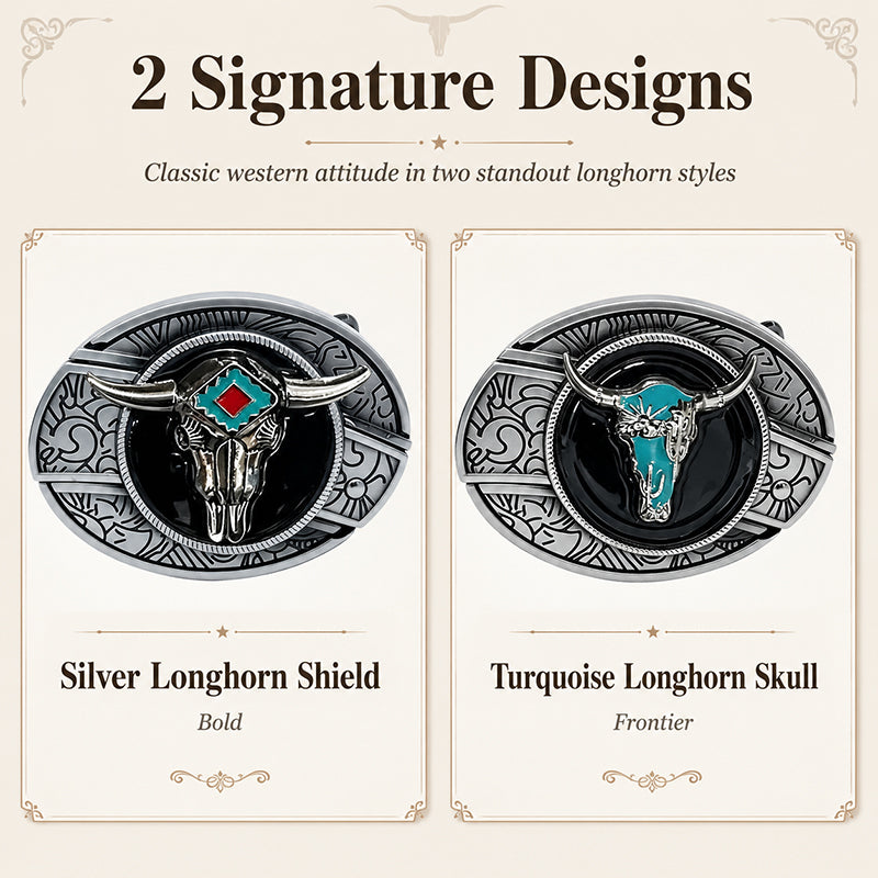 Western Longhorn engraved belt buckles with silver-tone metal frames, glossy black centers, turquoise bull skull artwork, and cowboy-inspired designs