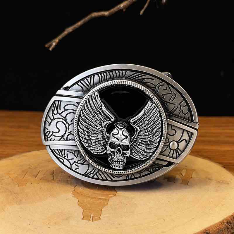 Winged skull western belt buckle with antique silver frame and gothic black center