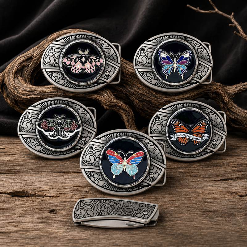 Butterfly western belt buckle with detachable mini utility knife on beige background
