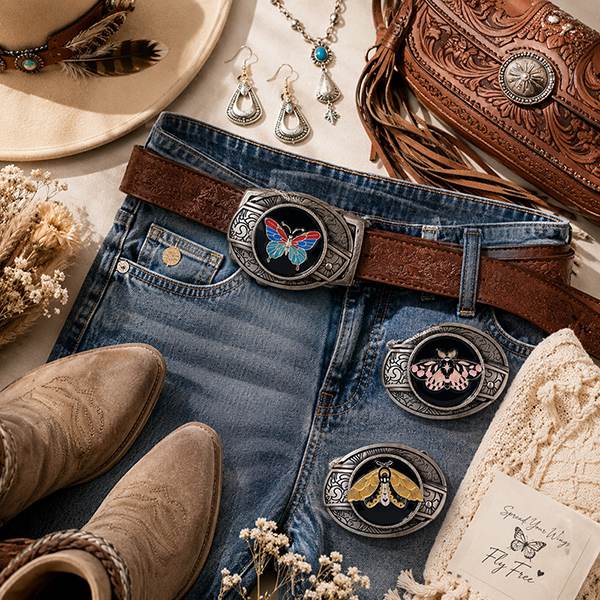 Cowgirl outfit with butterfly western belt buckle styled on jeans