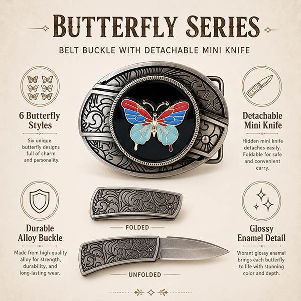 Close-up detail of engraved alloy western belt buckle with glossy butterfly enamel design