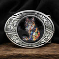 Colorful stained glass cat western belt buckle with antique silver engraved frame
