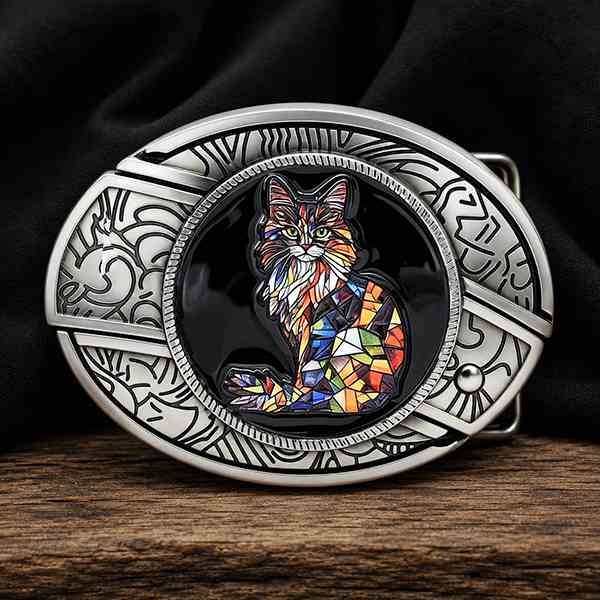 Colorful stained glass cat western belt buckle with antique silver engraved frame