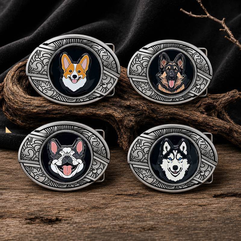 Western dog breed belt buckle with detachable mini knife and engraved antique silver frame