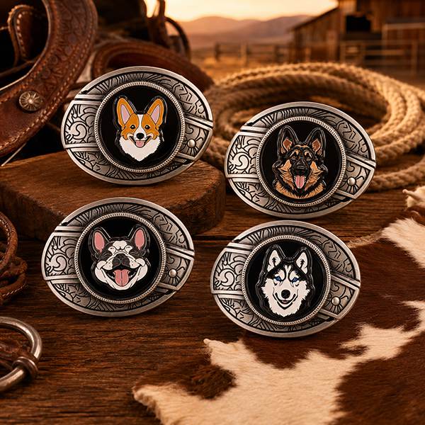 Western dog breed belt buckle with detachable mini knife and engraved antique silver frame
