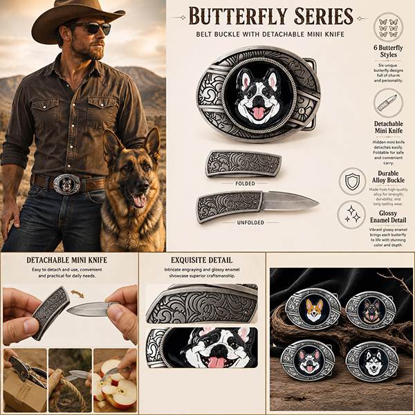 Western dog breed belt buckle with detachable mini knife and engraved antique silver frame