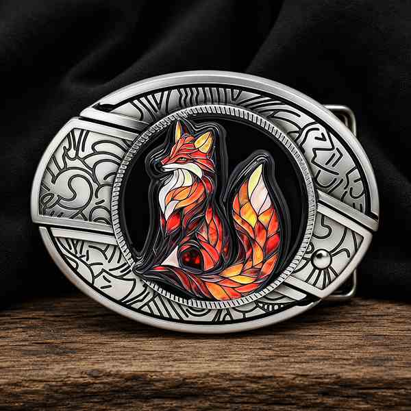 Stained glass fox western belt buckle with vintage silver cowboy frame