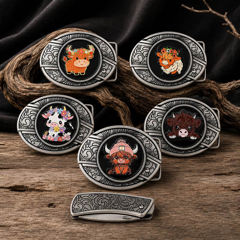 Highland cow western belt buckle with detachable mini utility knife