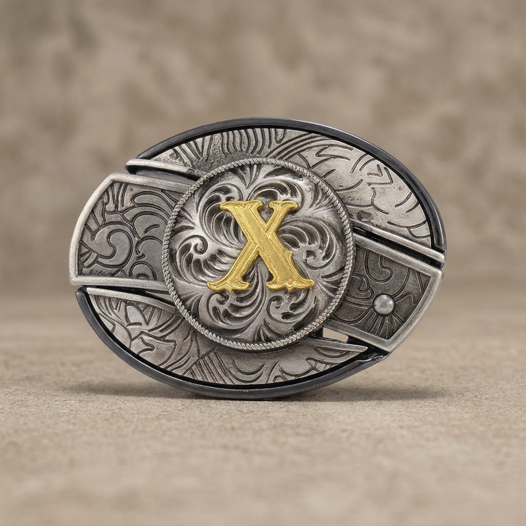 Western oval silver belt buckle with gold letter X on warm concrete background