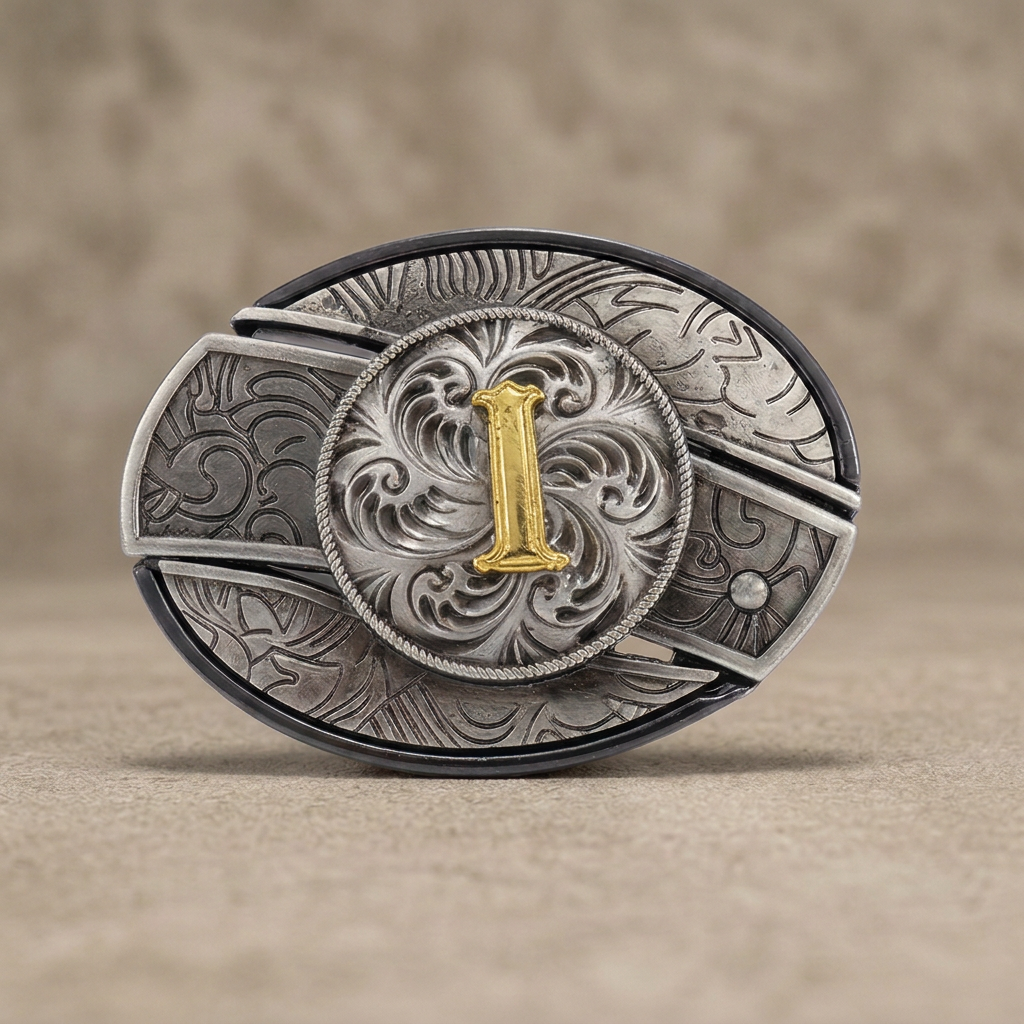 Western oval silver belt buckle with gold letter I on warm concrete background
