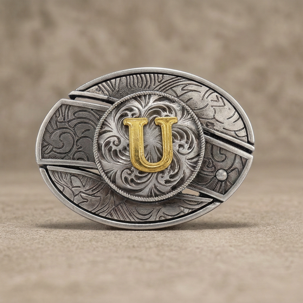 Western oval silver belt buckle with gold letter U on warm concrete background
