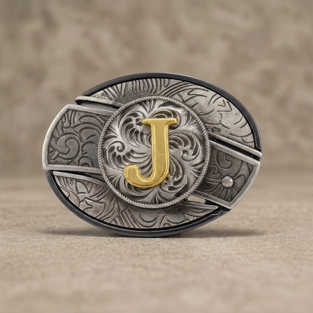 Western oval silver belt buckle with gold letter J on warm concrete background