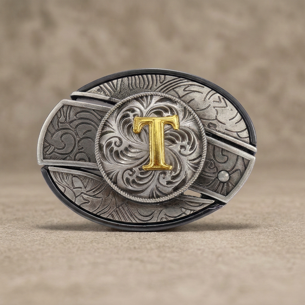 Western oval silver belt buckle with gold letter T on warm concrete background