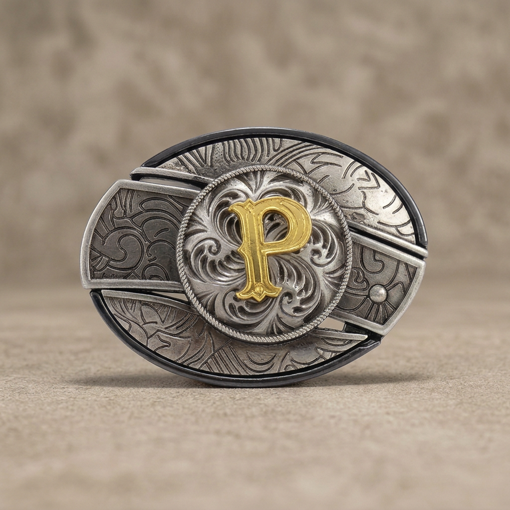 Western oval silver belt buckle with gold letter P on warm concrete background
