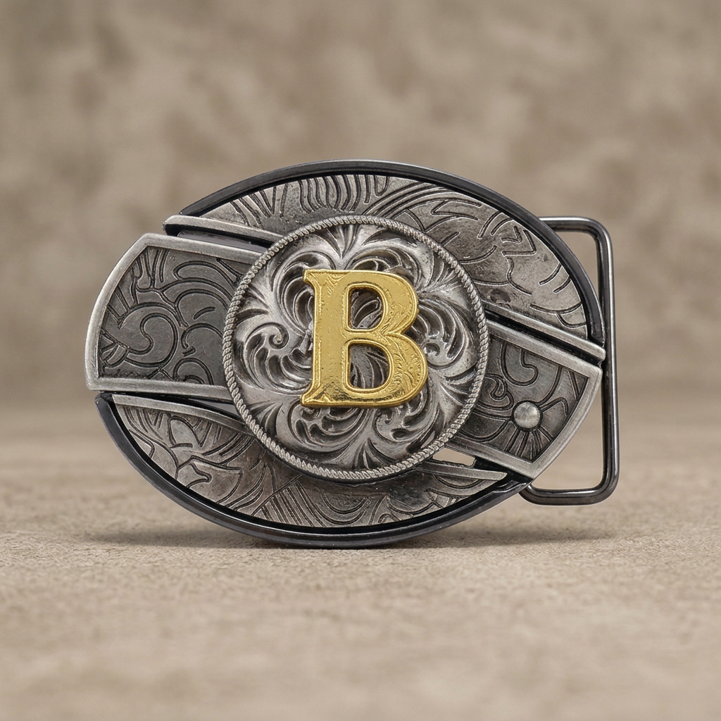 Western oval silver belt buckle with gold letter B on warm concrete background