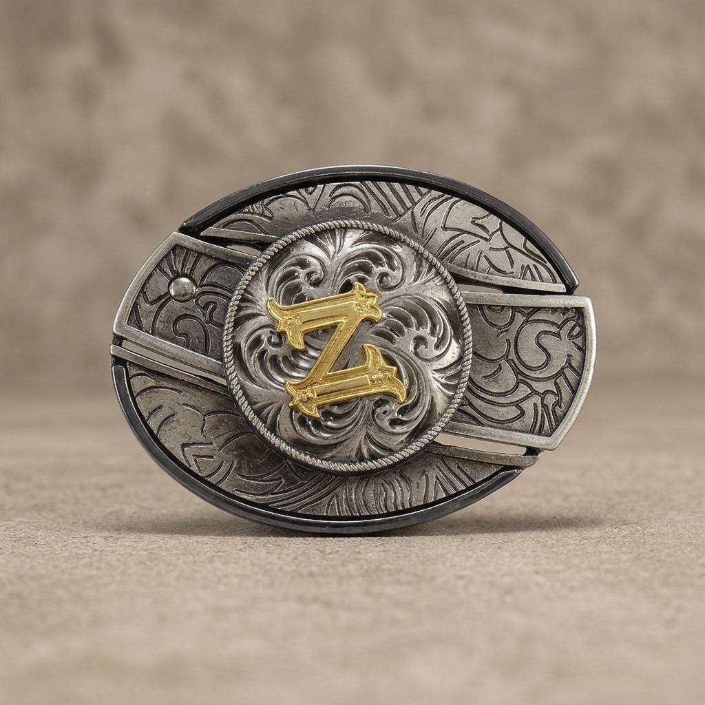 Western oval silver belt buckle with gold letter Z on warm concrete background