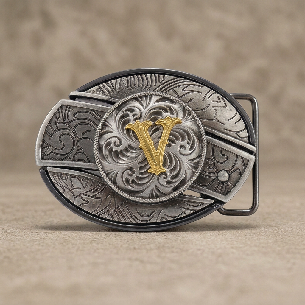 Western oval silver belt buckle with gold letter V on warm concrete background