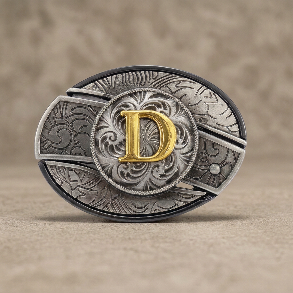 Western oval silver belt buckle with gold letter D on warm concrete background