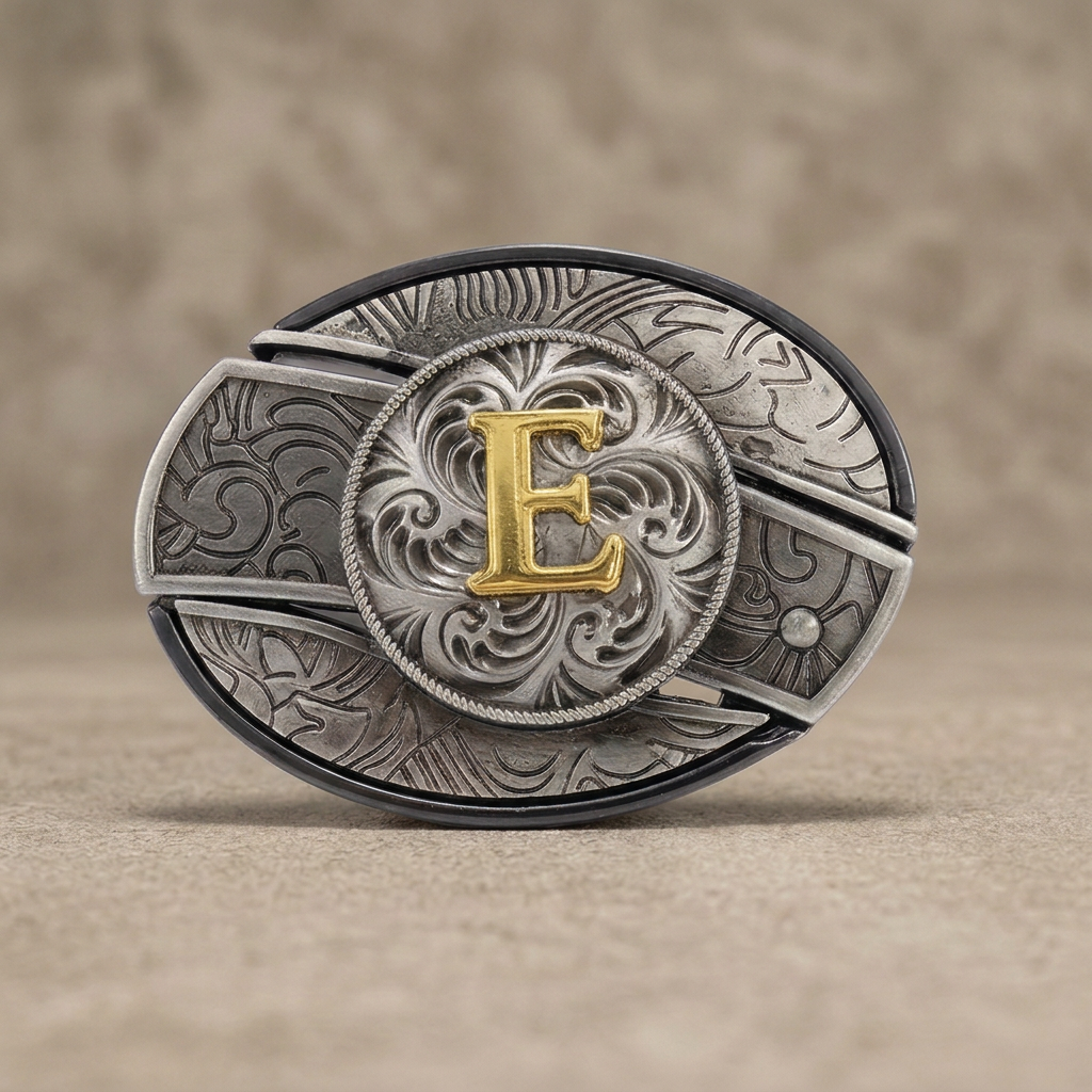 Western oval silver belt buckle with gold letter E on warm concrete background