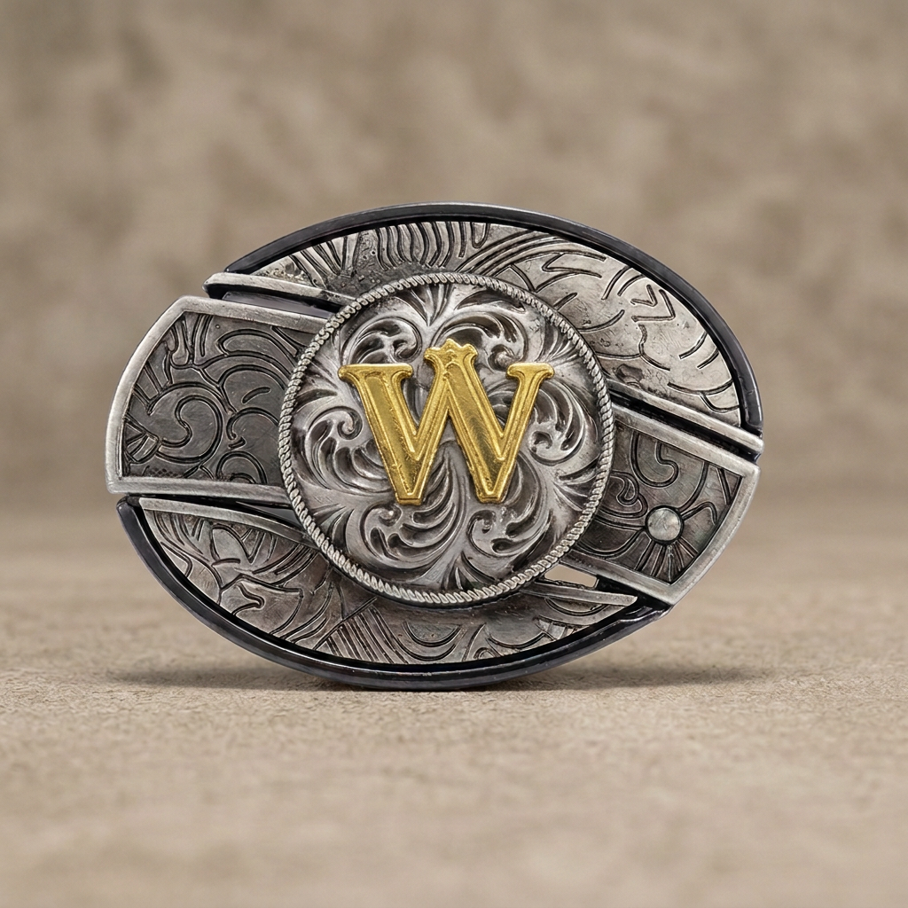 Western oval silver belt buckle with gold letter W on warm concrete background