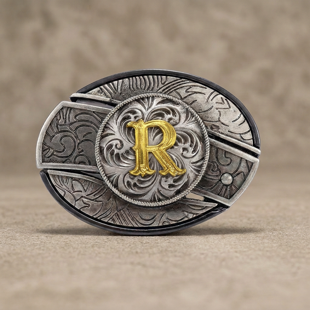 Western oval silver belt buckle with gold letter R on warm concrete background