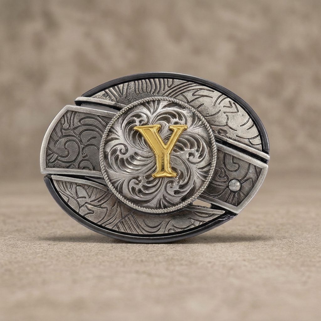 Western oval silver belt buckle with gold letter Y on warm concrete background