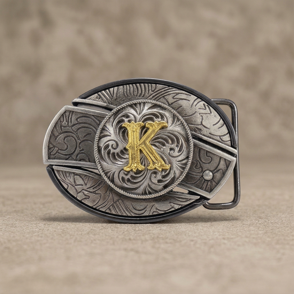 Western oval silver belt buckle with gold letter K on warm concrete background