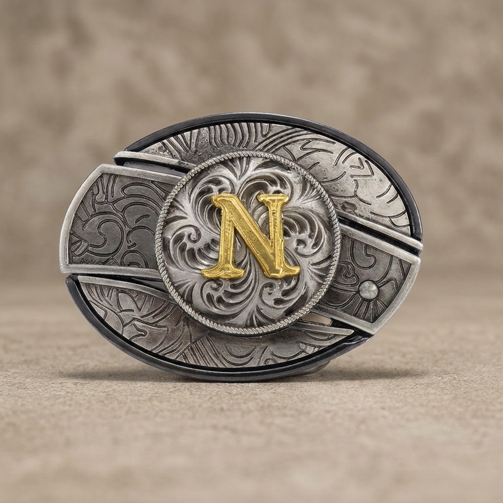 Western oval silver belt buckle with gold letter N on warm concrete background