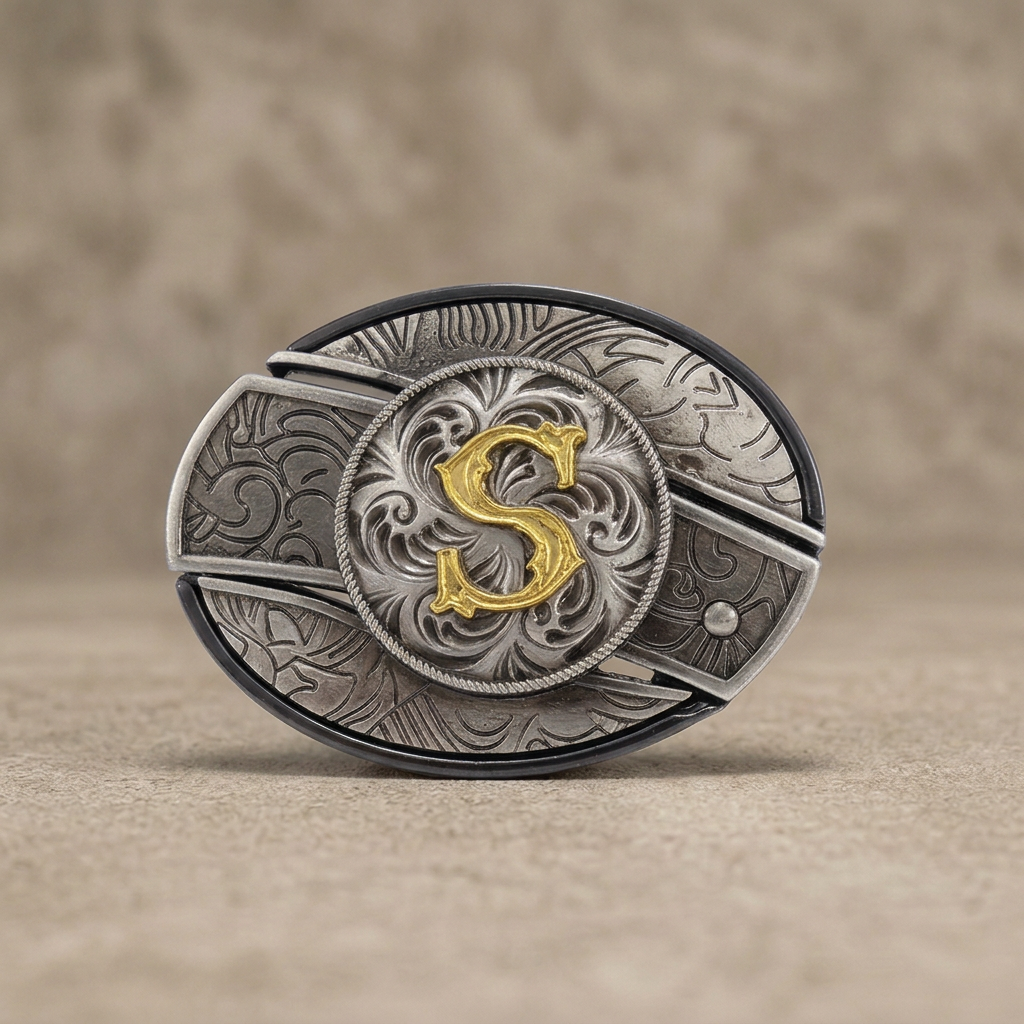 Western oval silver belt buckle with gold letter S on warm concrete background