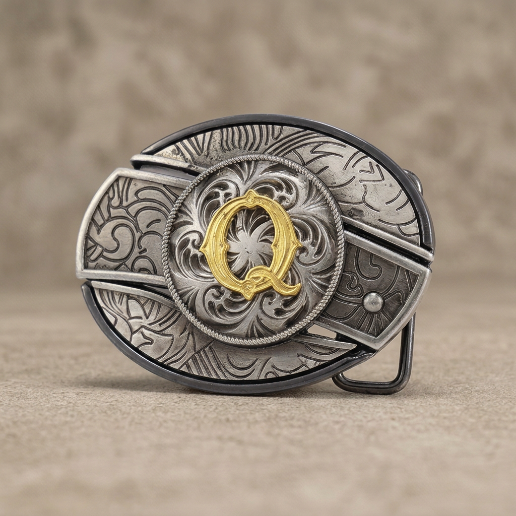 Western oval silver belt buckle with gold letter Q on warm concrete background