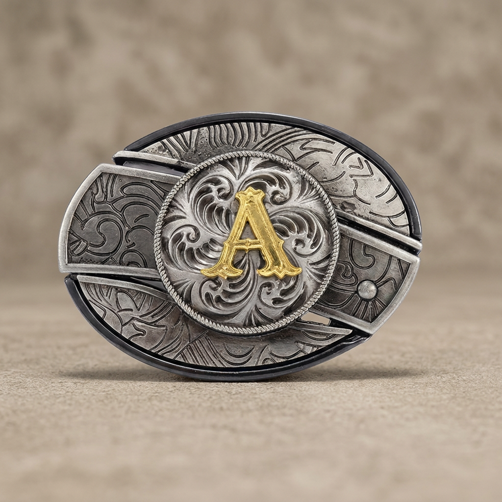 Western oval silver belt buckle with gold letter A on warm concrete background