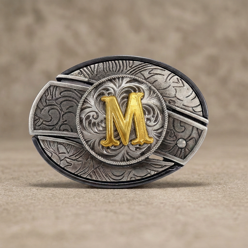 Western oval silver belt buckle with gold letter M on warm concrete background