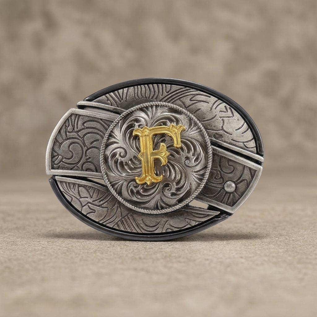 Western oval silver belt buckle with gold letter F on warm concrete background