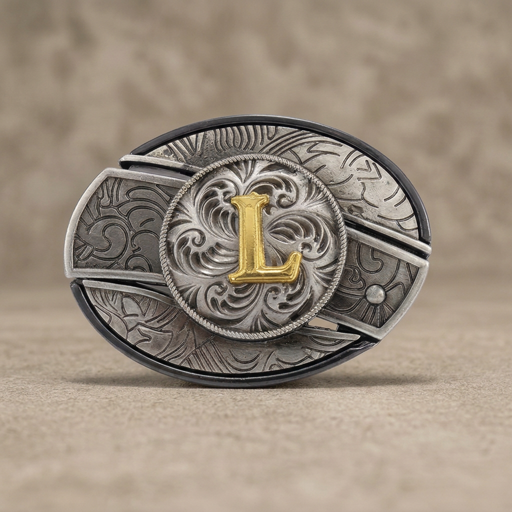 Western oval silver belt buckle with gold letter L on warm concrete background